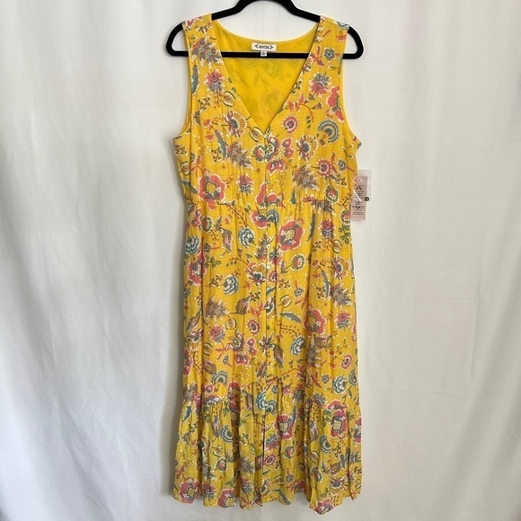 NWT Nanette Lepore Women's Sleeveless Yellow Floral Tiered Midi SunDress sz 14 - Picture 1 of 15